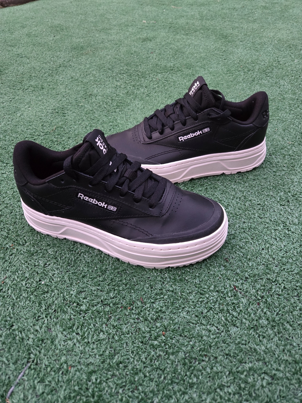 Reebok Women's Club C Double Geo sneakers in black with a white chalk platform